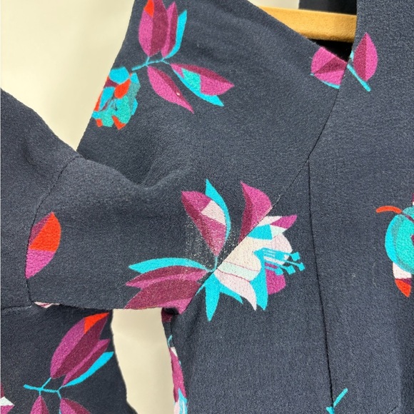 Rebecca Taylor Navy Blue Bellflower Floral Ruffle Cold Shoulder Sheath Dress 4 - Picture 7 of 15